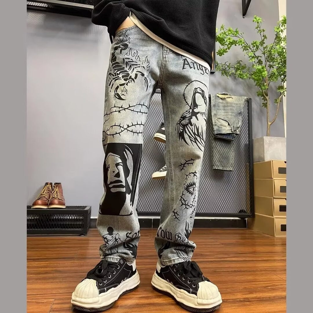 Retro Blue Skinny Jeans High Street Graffiti Printing Loose